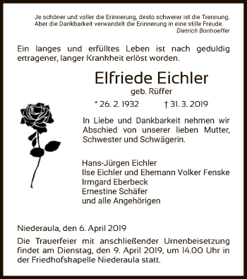 Traueranzeige von Elfriede Eichler von Hersfeld
