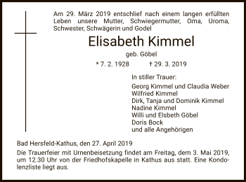 Traueranzeige von Elisabeth Kimmel von Hersfeld