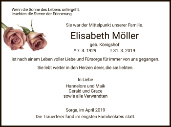 Traueranzeige von Elisabeth Möller von Hersfeld