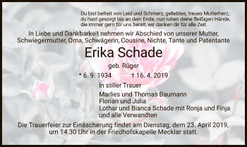 Traueranzeige von Erika Schade von Hersfeld