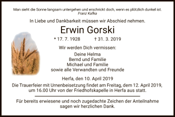 Traueranzeige von Erwin Gorski von Hersfeld