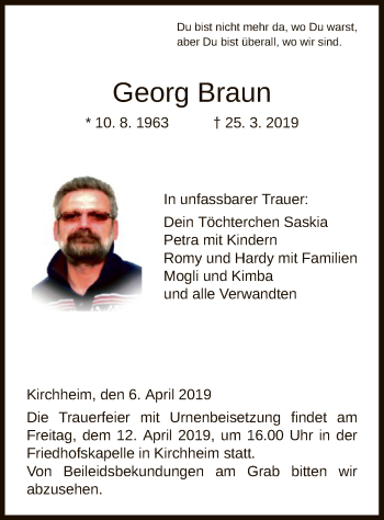 Traueranzeige von Georg Braun von Hersfeld