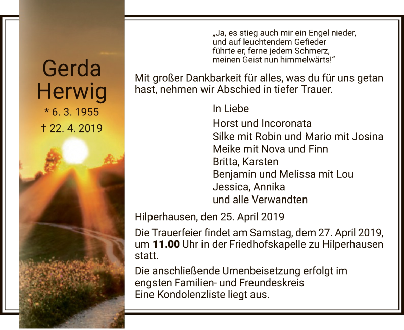  Traueranzeige für Gerda Herwig vom 25.04.2019 aus Hersfeld