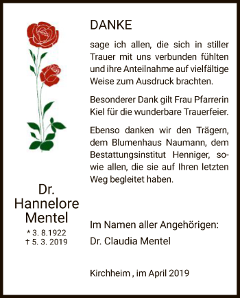 Traueranzeige von Hannelore Mentel von Hersfeld