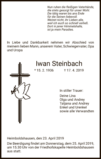 Traueranzeige von Iwan Steinbach von Hersfeld