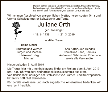 Traueranzeige von Juliane Orth von Hersfeld
