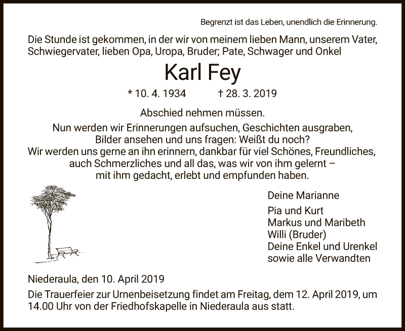  Traueranzeige für Karl Fey vom 10.04.2019 aus Hersfeld