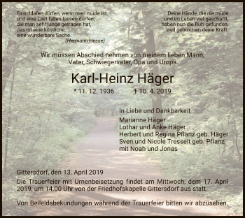 Traueranzeige von Karl-Heinz Häger von Hersfeld