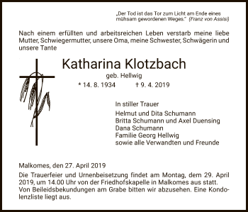 Traueranzeige von Katharina Klotzbach von Hersfeld