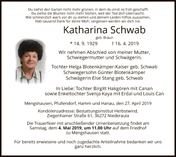 Traueranzeige von Katharina Schwab von Hersfeld