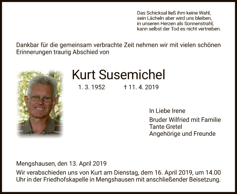  Traueranzeige für Kurt Susemichel vom 13.04.2019 aus Hersfeld