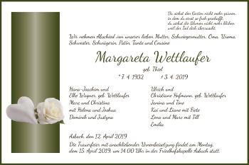 Traueranzeige von Margareta Wettlaufer von Hersfeld