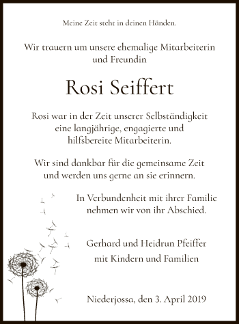 Traueranzeige von Rosi Seiffert von Hersfeld