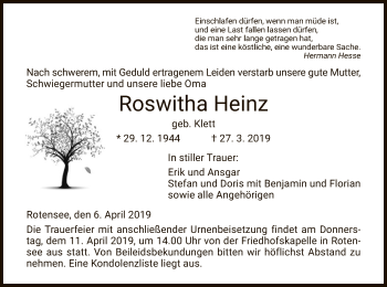 Traueranzeige von Roswitha Heinz von Hersfeld