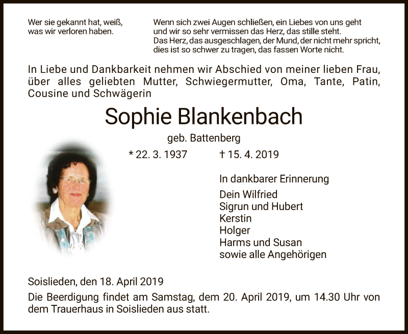  Traueranzeige für Sophie Blankenbach vom 18.04.2019 aus Hersfeld
