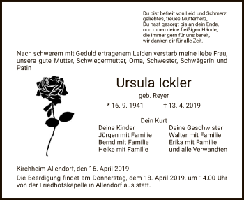 Traueranzeige von Ursula Ickler von Hersfeld