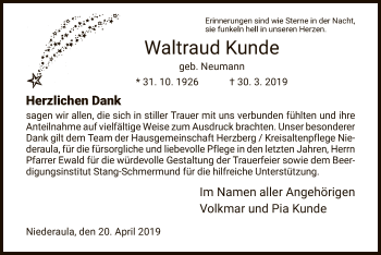 Traueranzeige von Waltraud Kunde von Hersfeld