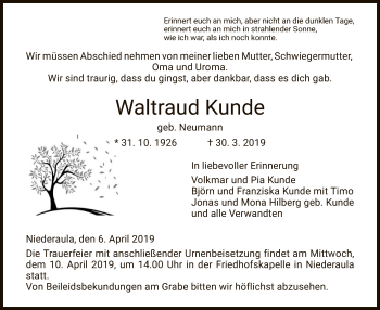 Traueranzeige von Waltraud Kunde von Hersfeld