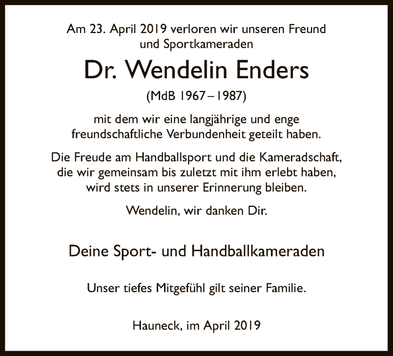  Traueranzeige für Wendelin Enders vom 25.04.2019 aus Hersfeld