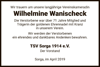 Traueranzeige von Wilhelmine Wanischeck von Hersfeld