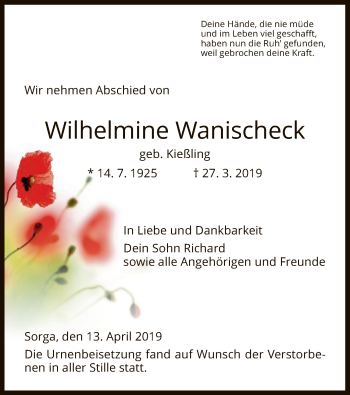 Traueranzeige von Wilhelmine Wanischeck von Hersfeld