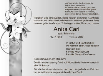 Traueranzeige von Anita Carl von Hersfeld