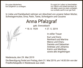 Traueranzeige von Anna Pfalzgraf von Hersfeld