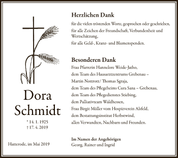 Traueranzeige von Dora Schmidt von Hersfeld