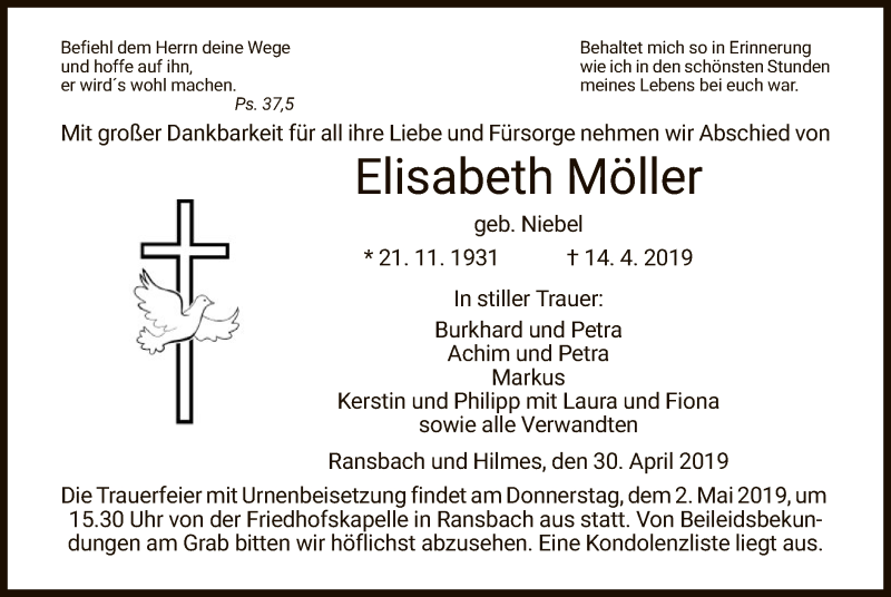  Traueranzeige für Elisabeth Möller vom 30.04.2019 aus Hersfeld