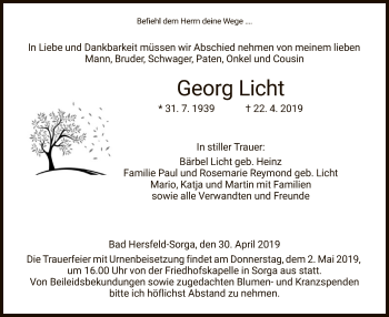 Traueranzeige von Georg Licht von Hersfeld