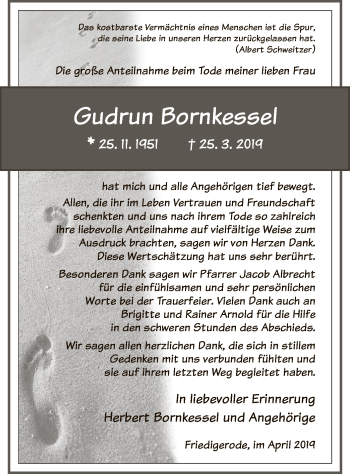 Traueranzeige von Gudrun Bornkessel von Hersfeld