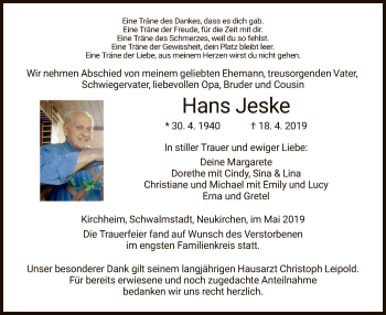 Traueranzeige von Hans Jeske von Hersfeld