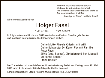 Traueranzeige von Holger Fassl von Hersfeld