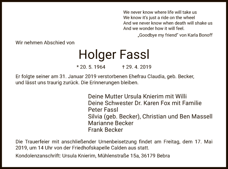  Traueranzeige für Holger Fassl vom 11.05.2019 aus Hersfeld