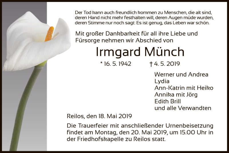  Traueranzeige für Irmgard Münch vom 18.05.2019 aus Hersfeld