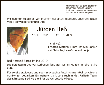 Traueranzeige von Jürgen Heß von Hersfeld
