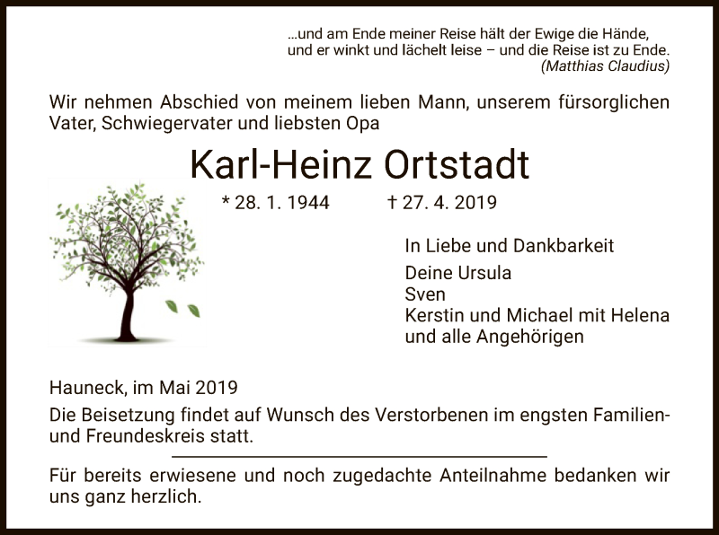  Traueranzeige für Karl-Heinz Ortstadt vom 11.05.2019 aus Hersfeld