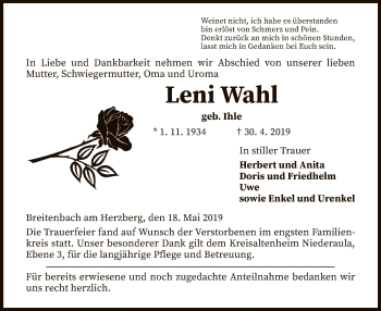 Traueranzeige von Leni Wahl von Hersfeld