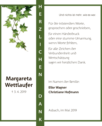 Traueranzeige von Magareta Wettlaufer von Hersfeld
