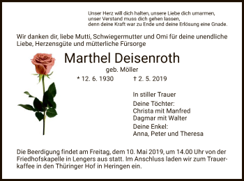 Traueranzeige von Marthel Deisenroth von Hersfeld