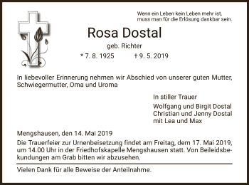 Traueranzeige von Rosa Dostal von Hersfeld