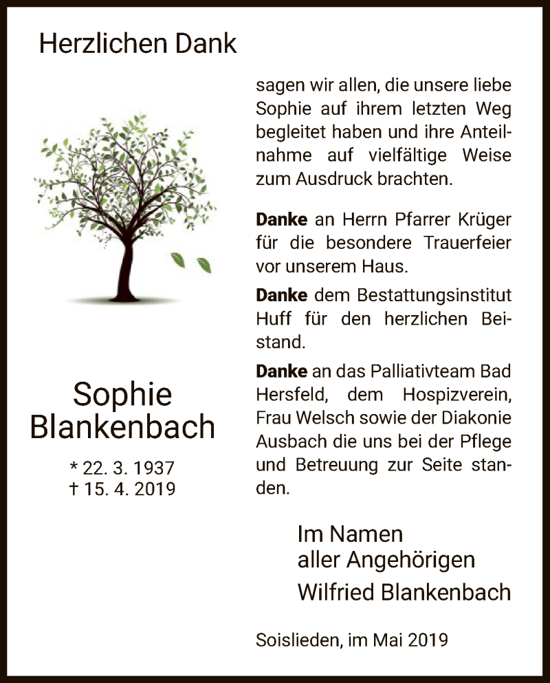 Traueranzeige für Sophie Blankenbach vom 24.05.2019 aus Hersfeld