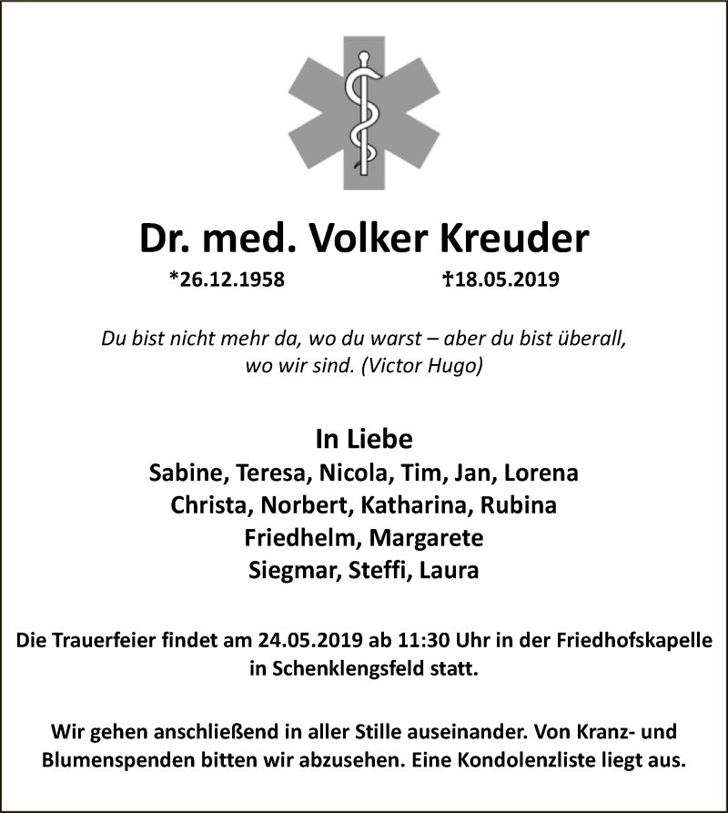  Traueranzeige für Volker Kreuder vom 23.05.2019 aus Hersfeld