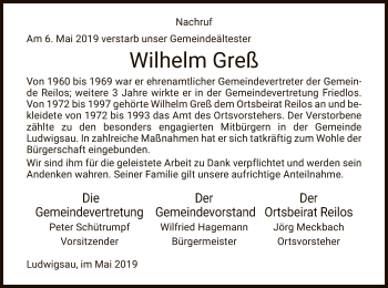 Traueranzeige von Wilhelm Greß von Hersfeld