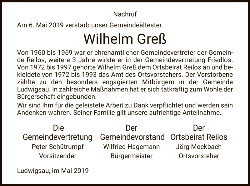  Traueranzeige für Wilhelm Greß vom 11.05.2019 aus Hersfeld