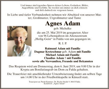 Traueranzeige von Agnes Adam von Hersfeld