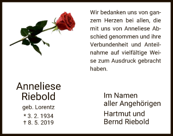 Traueranzeige von Anneliese Riebold von Hersfeld