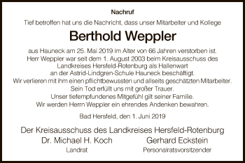 Traueranzeige von Berthold Weppler von Hersfeld