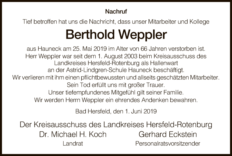  Traueranzeige für Berthold Weppler vom 01.06.2019 aus Hersfeld