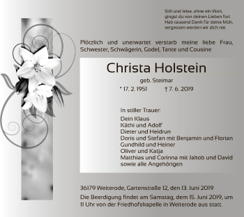 Traueranzeige von Christa Holstein von Hersfeld